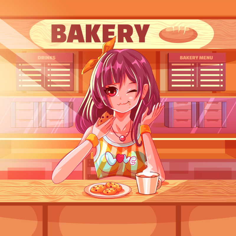 动漫女生吃饼干插画(女生,点心,面包店,动漫人物)日系插图_北极熊素材