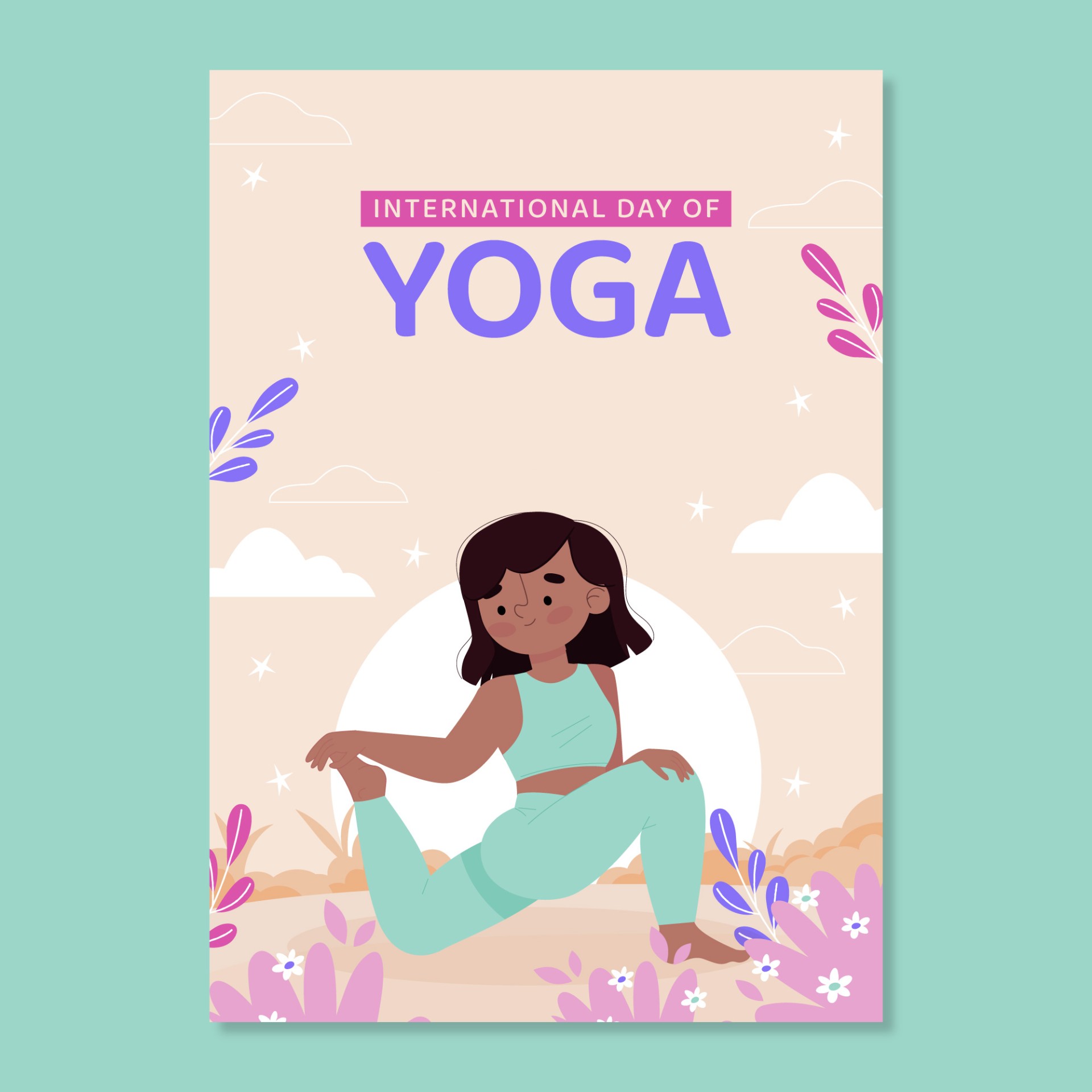 2022年国际瑜伽日的主题卡通手绘海报0