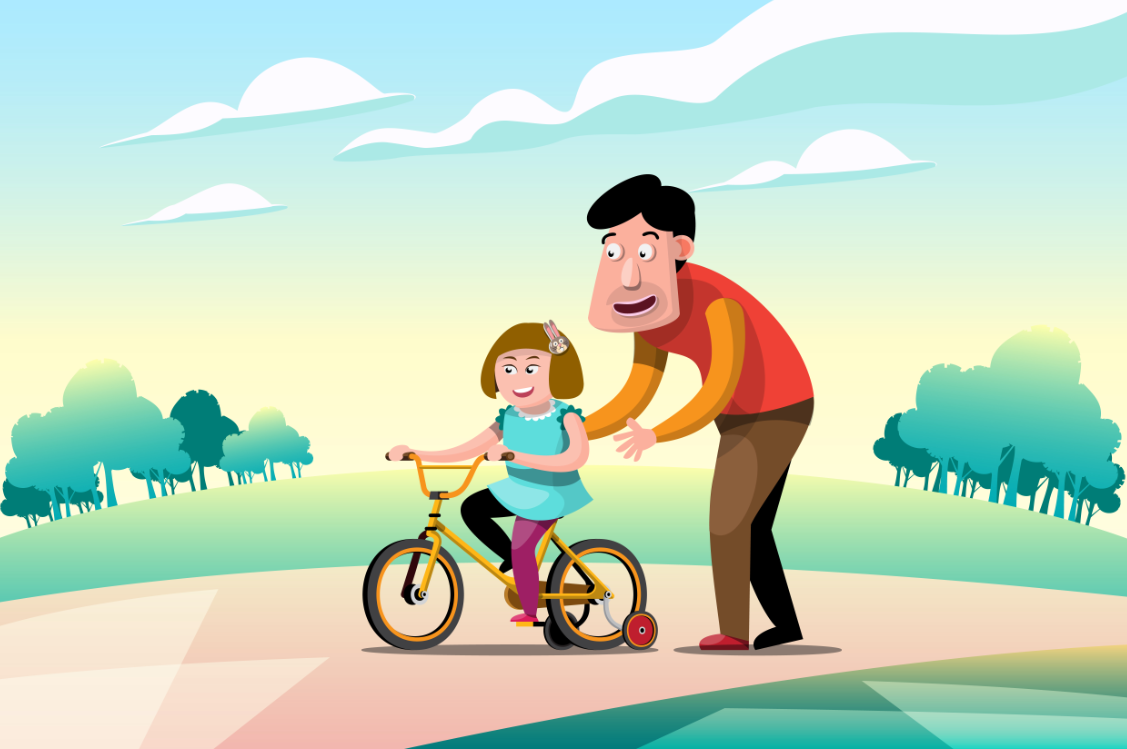 爸爸教女儿学自行车插画0