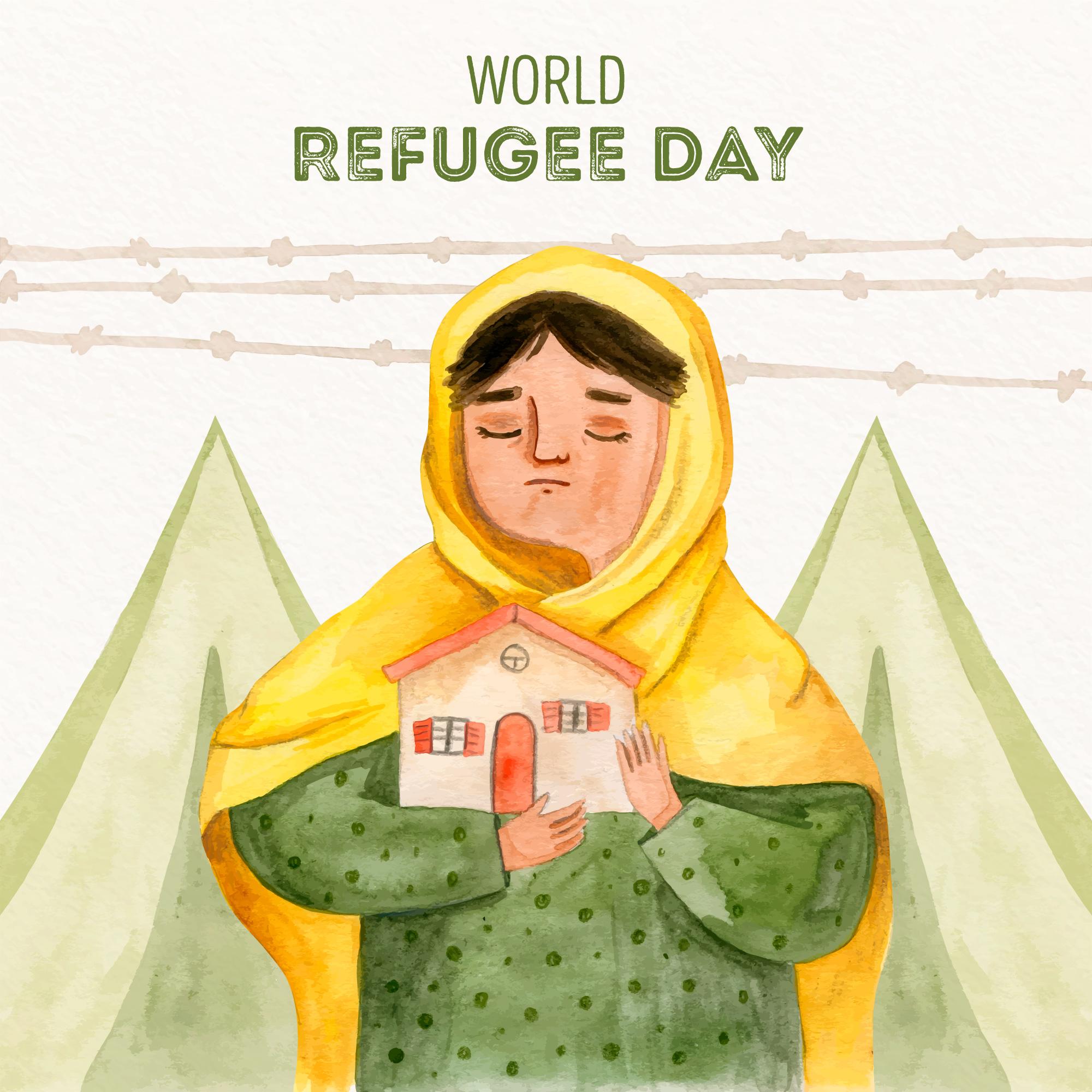 世界难民日妇女水彩插图0