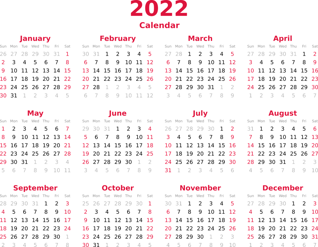 2022年日历全年表壁纸0