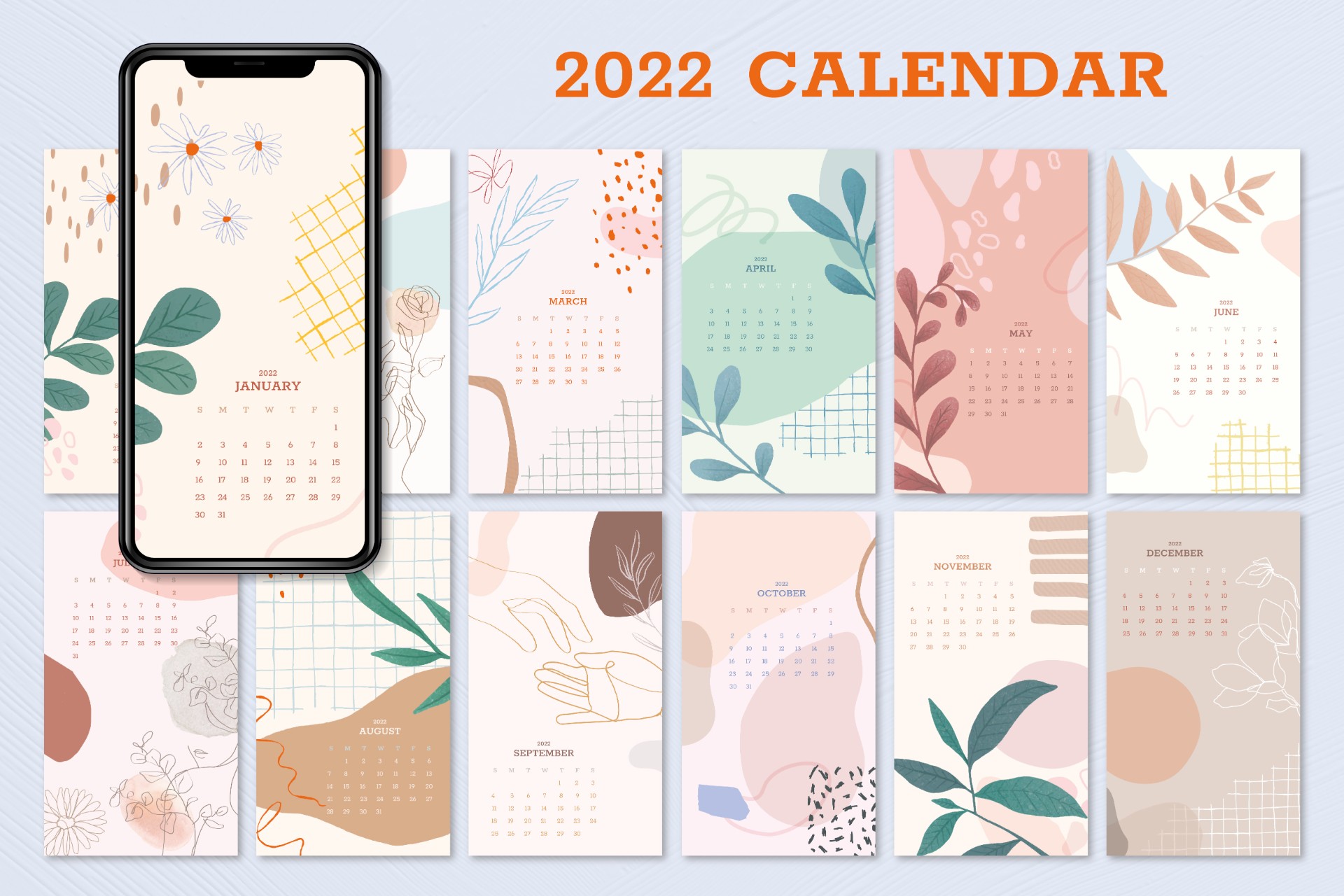 花卉和植物日历打印模板0