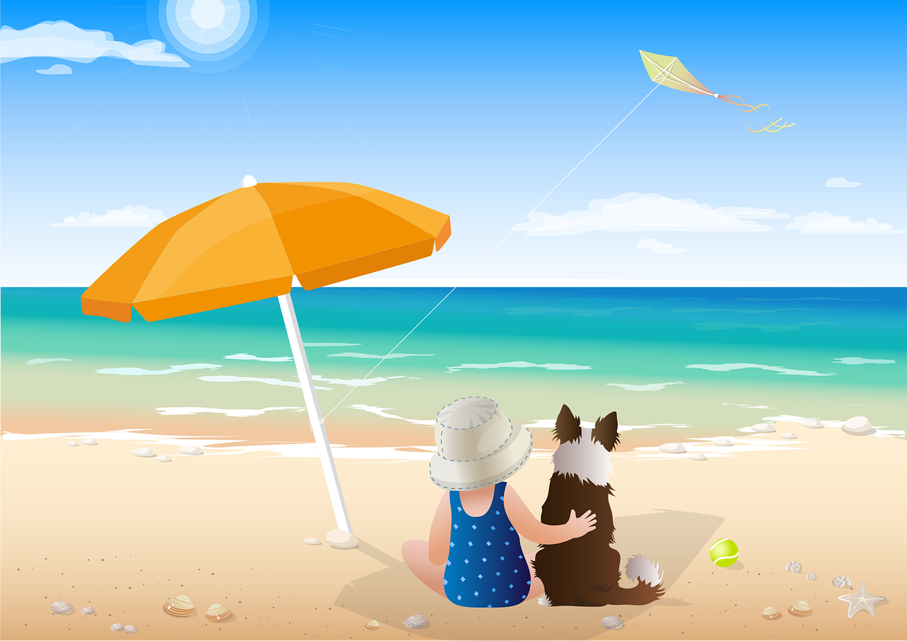 孩子和狗做坐沙滩看海插图0