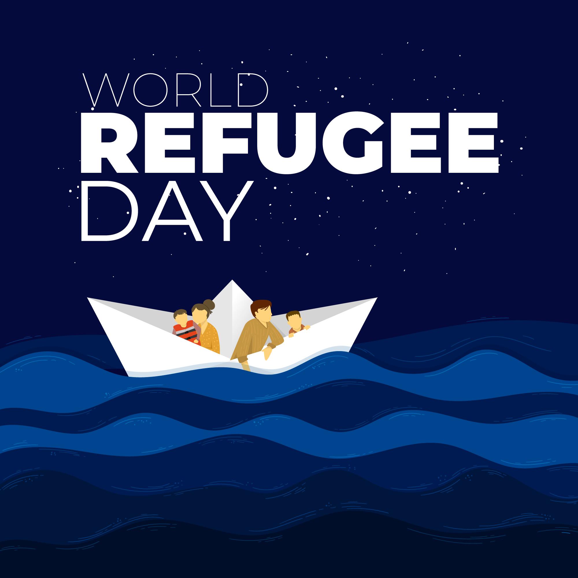 世界难民日坐纸船漂流创意插图0